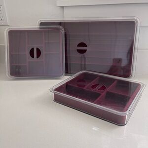 Vintage Set of 3 Velveteen Jewelry Vanity Trays Organizers with Lids